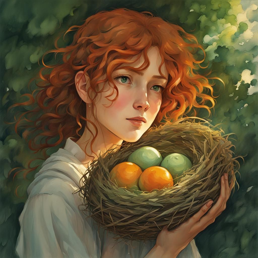 Girl with Nest, as Watercolor Concept Art
