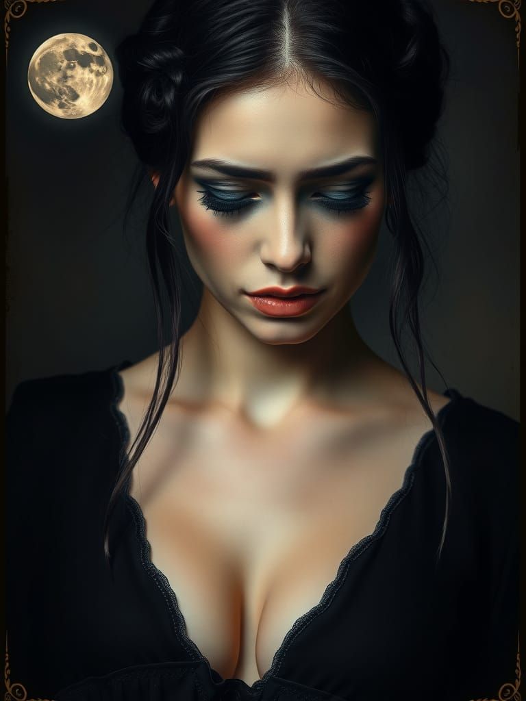 Melancholic Woman in Moonlit Art Nouveau Style