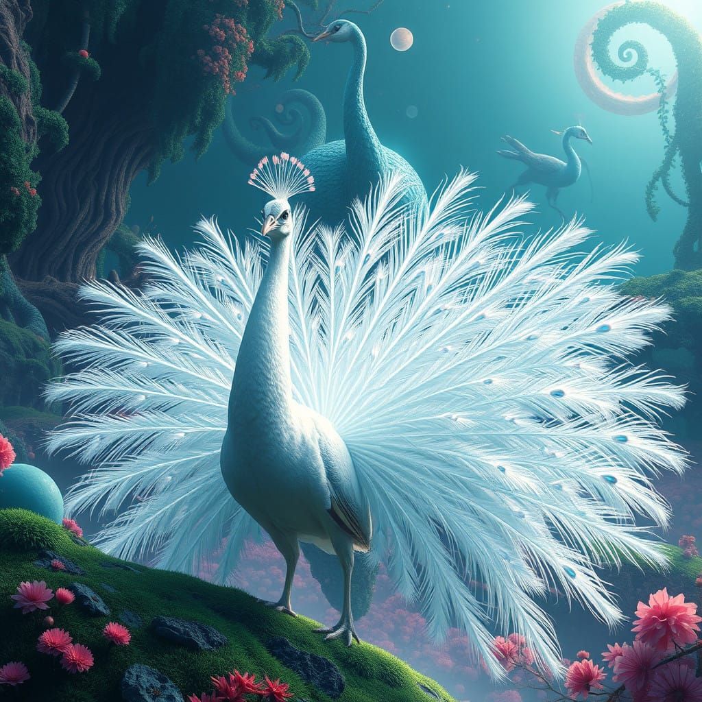 White Peacock in Vibrant Fantasy Wonderland