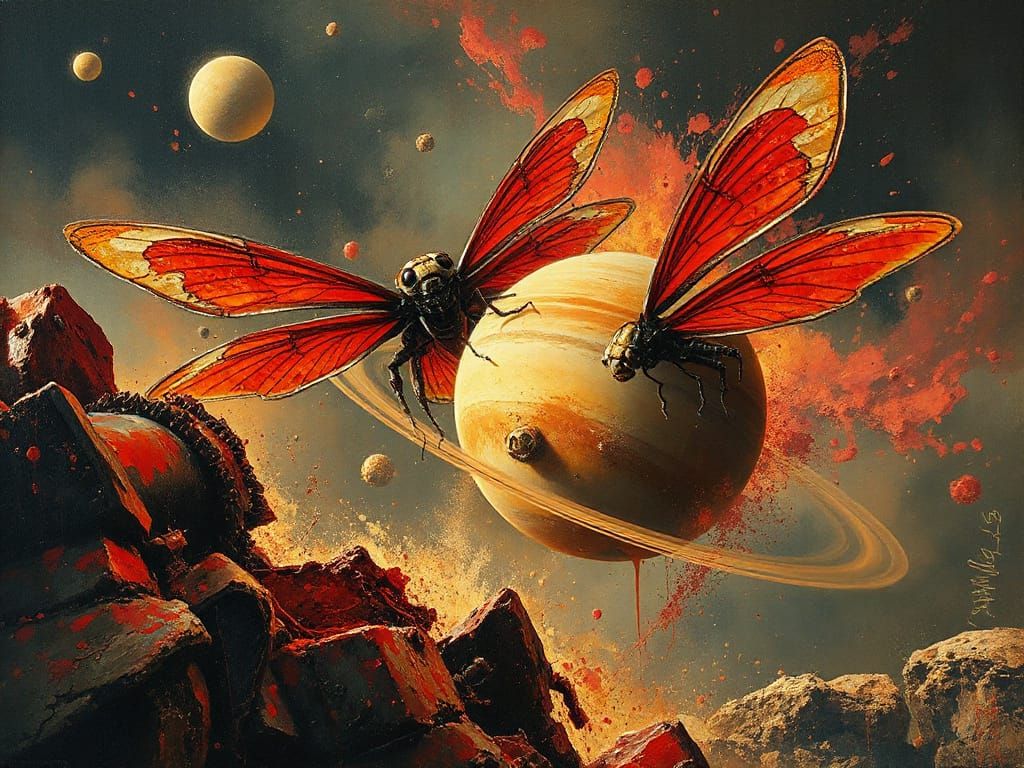 Giant Mechanical Dragonflies Engulf Saturn in a War-Torn Lan...
