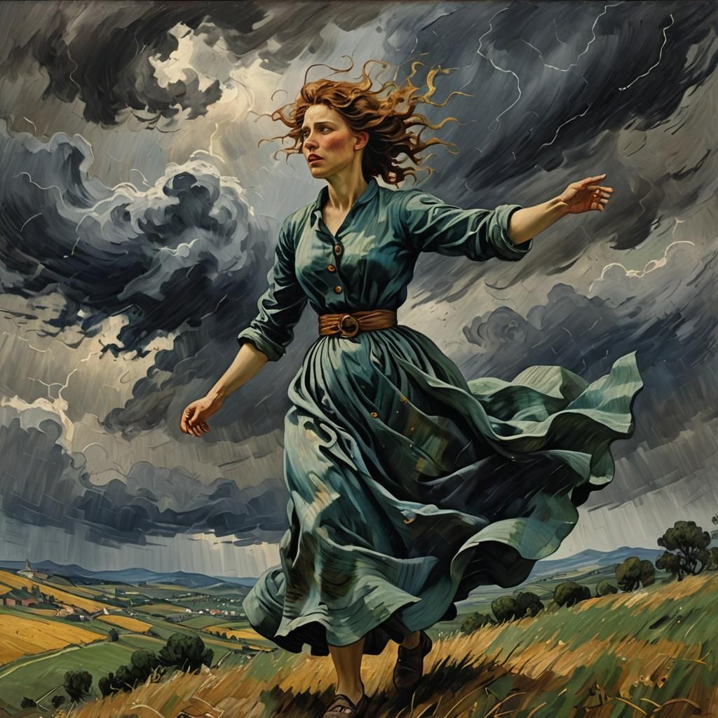 Woman on Stormy Hilltop as Impasto Painting