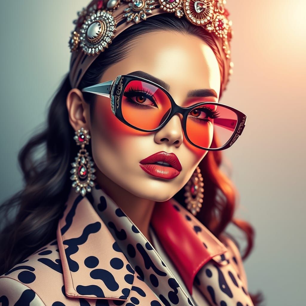 Confident Fashionista in Bold Geometric Makeup and Avant-Gar...