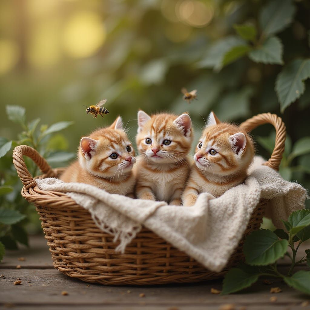 Kittens Curious About Bee in Basket