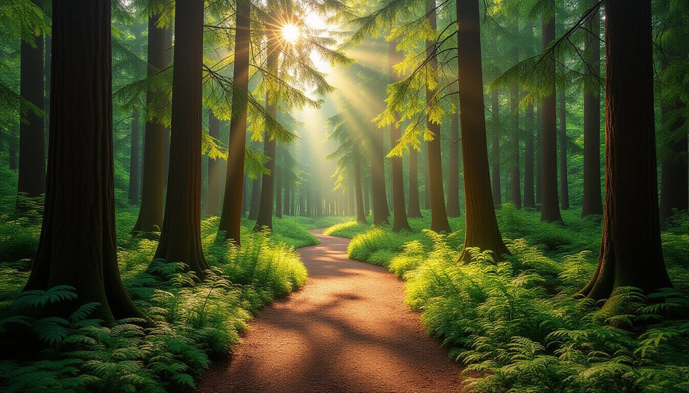 Sunlit Forest Trail in Hyper-Realistic Style