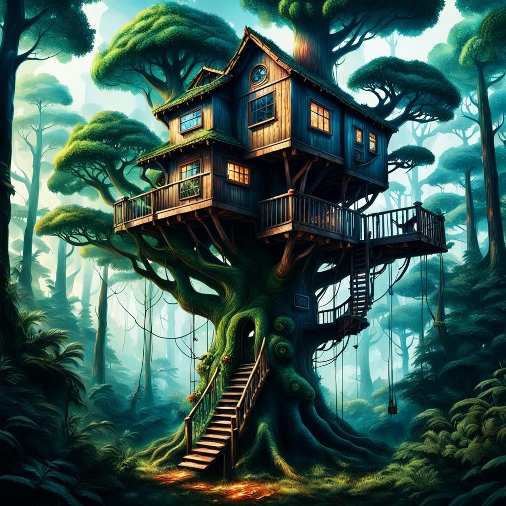 Atmospheric Treehouse in Forest, Digital Matte Painting