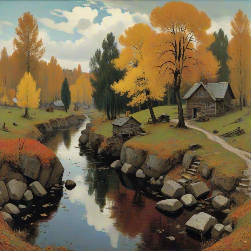 Autumnal Miniature Scenes in Levitan and Dix Style