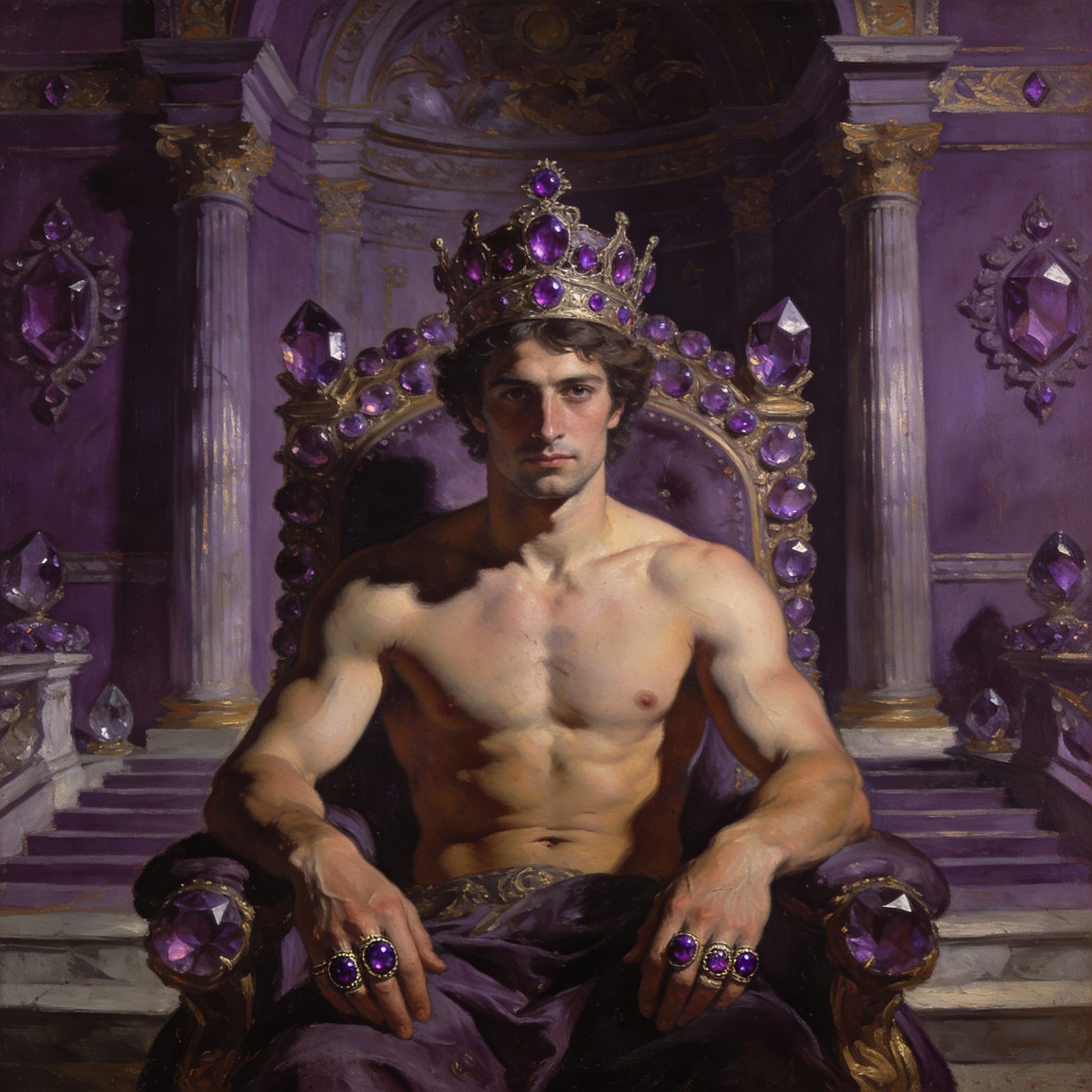Baroque King on Ornate Throne with Violet Gemstones