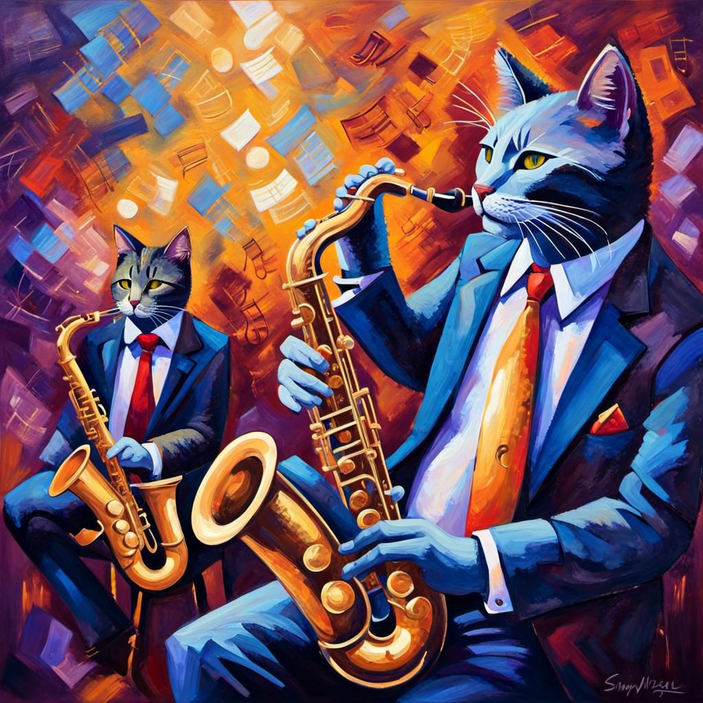 Snazzy Cat's Saxophone Solo: Fauvist Oil Painting