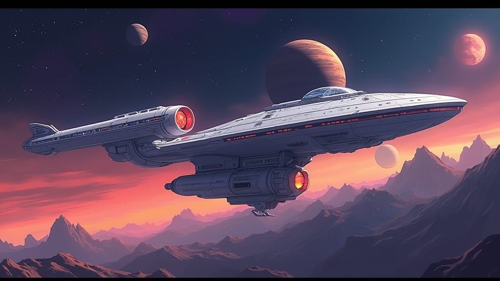Futuristic Starship Soaring Through Anime Solar System