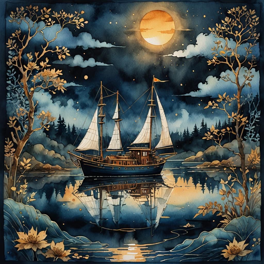 Steampunk Sailboat on Misty Lake Watercolor