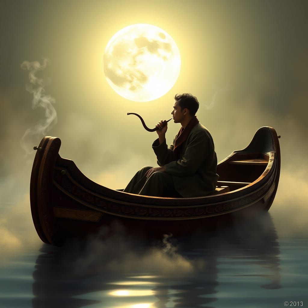 Serene Moonlit Boat Scene in Dreamlike Quality