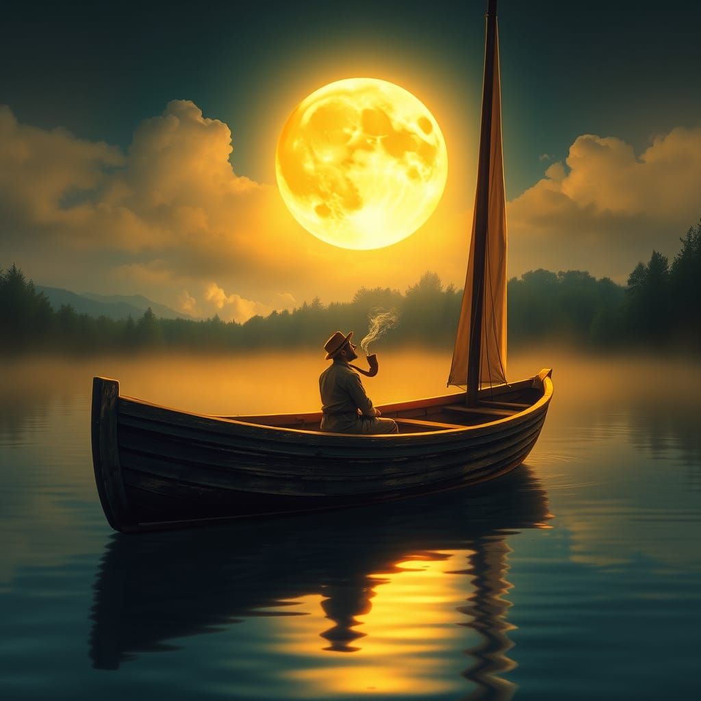 Ethereal Sailboat Scene under Golden Moonlight