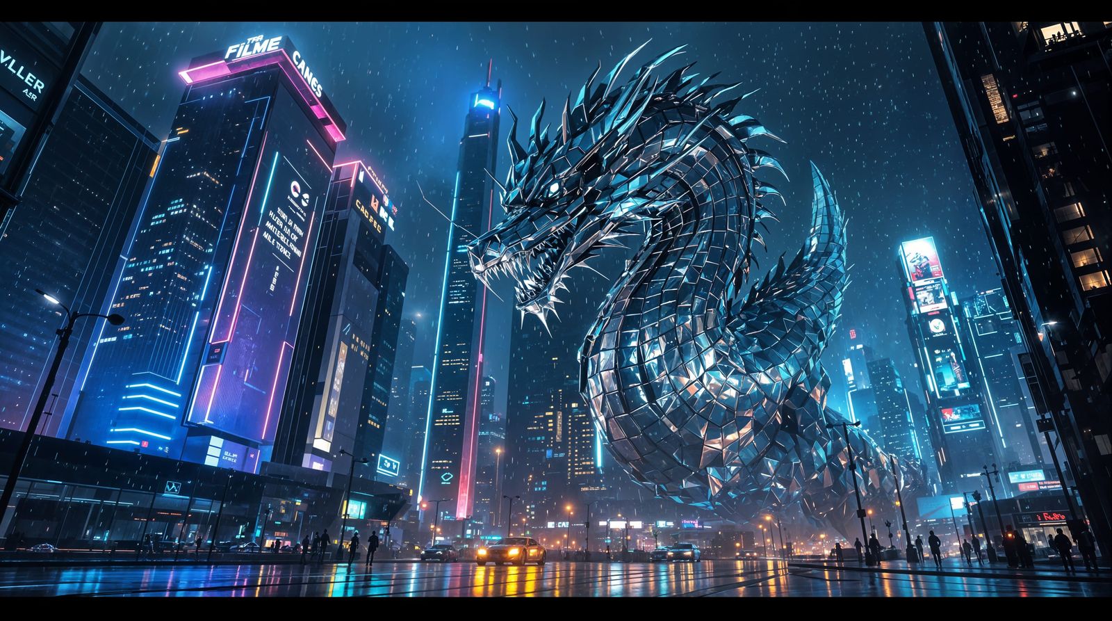 Cyberpunk Metal Dragon Dominates Futuristic Metropolis