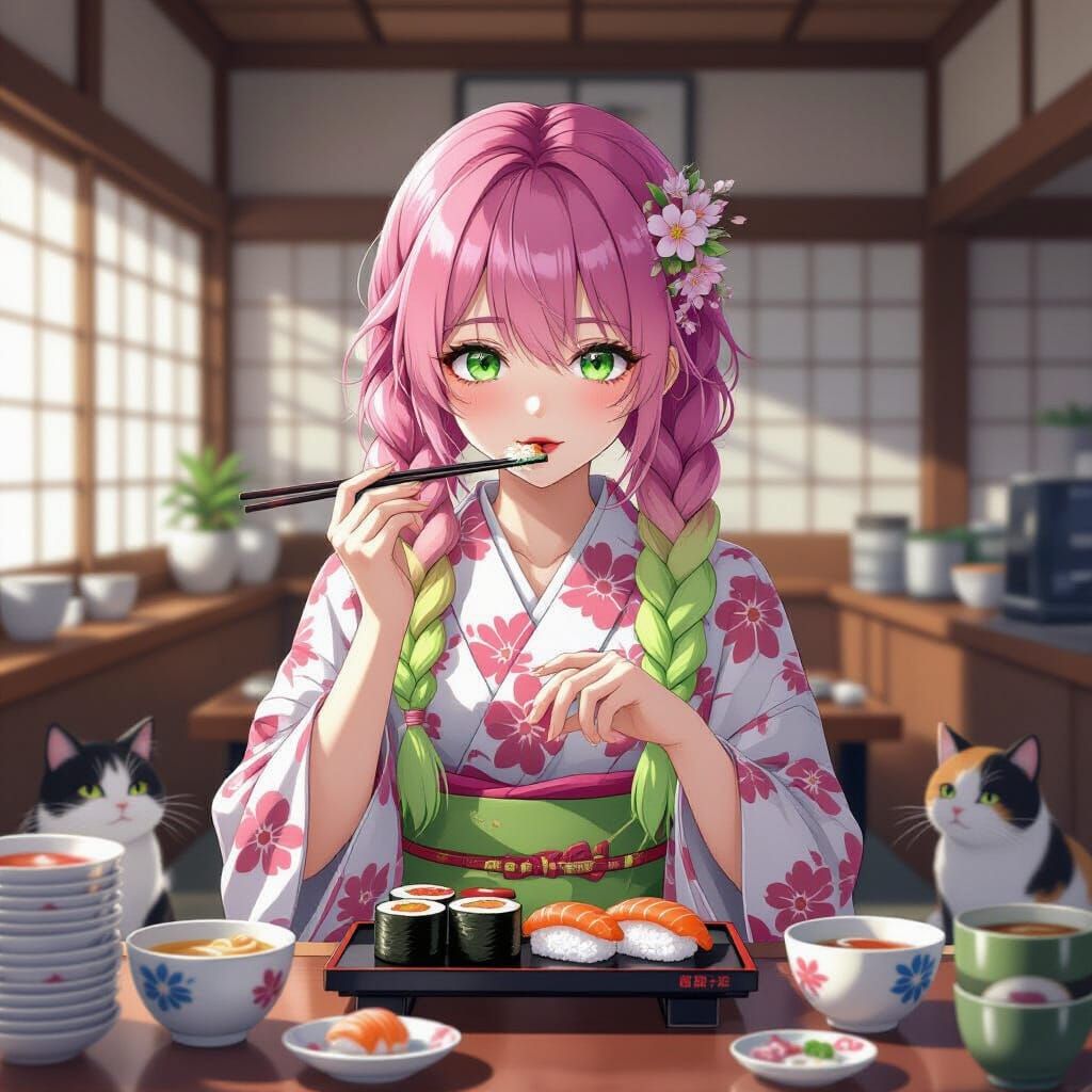 Anime Girl with Sakura Kimono and Sushi Feast