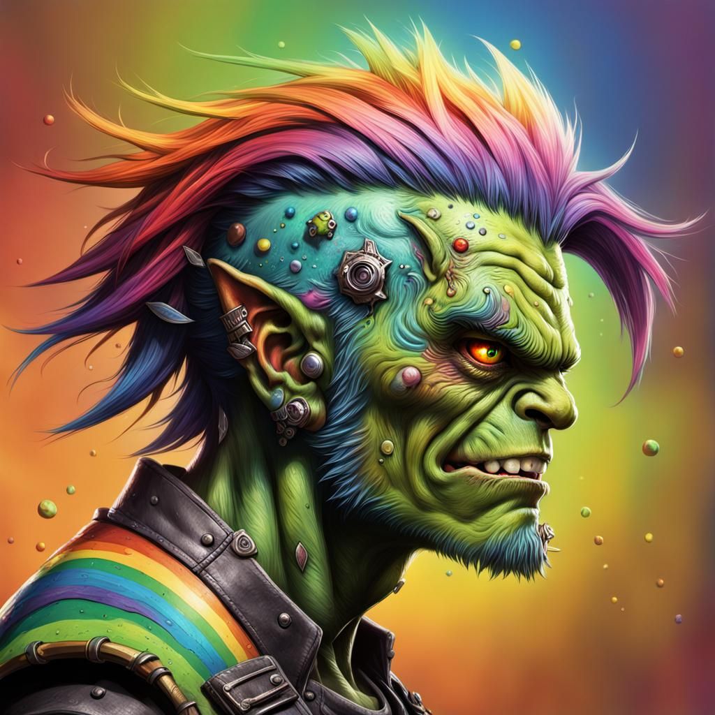 Hyperrealistic Ork Portrait with Rainbow Accents