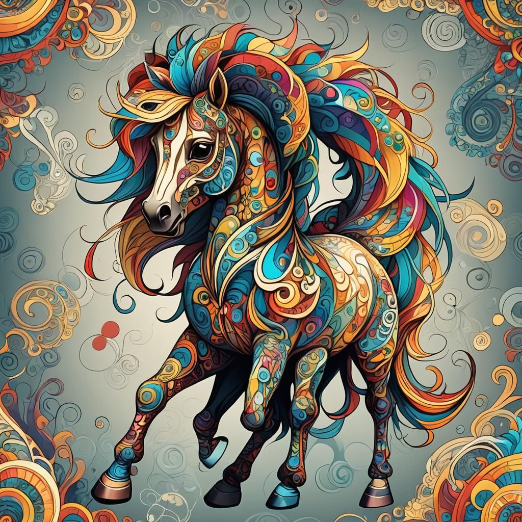 Colorful Pony with Abstract Fractal Design