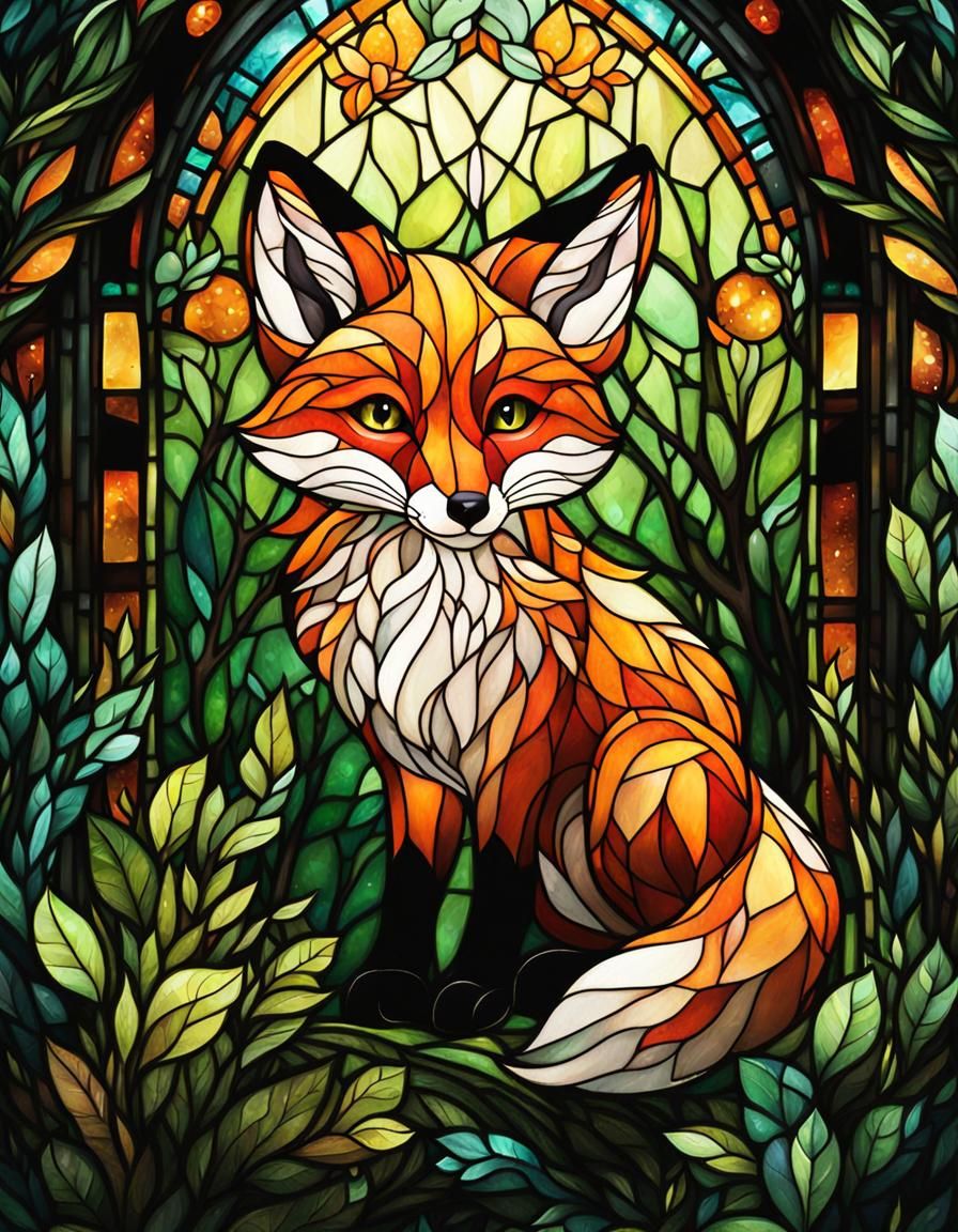 Stained Glass Baby Fox in Enchanting Forest