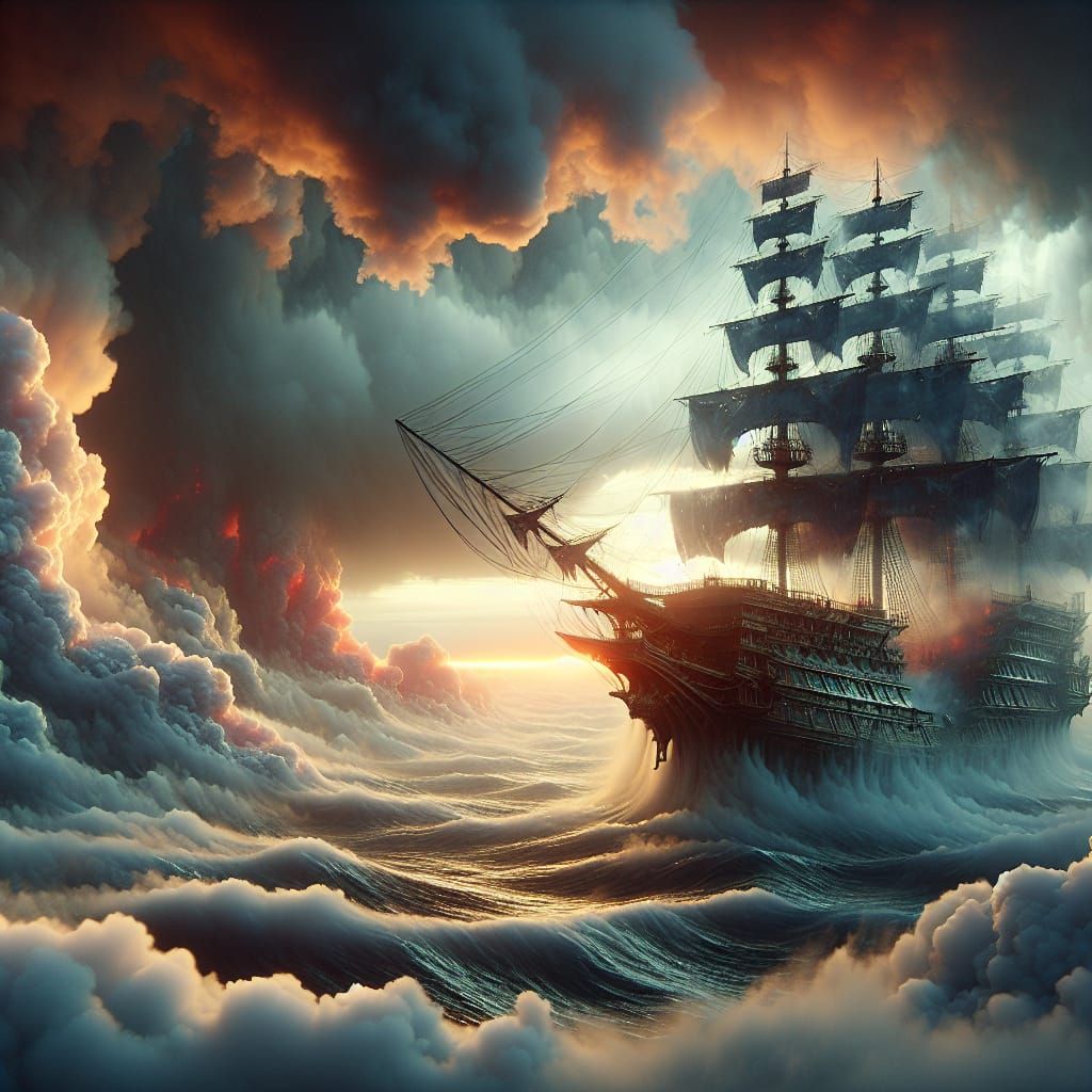 Cloud Ship Sailing a Foggy Ocean in 8K