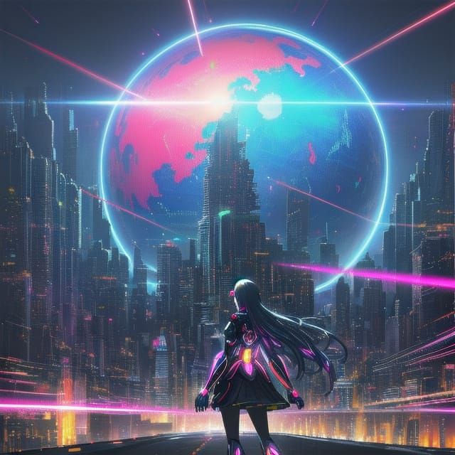Anime Girl in Neon Cityscape, Hyper Realistic Sci-Fi Art