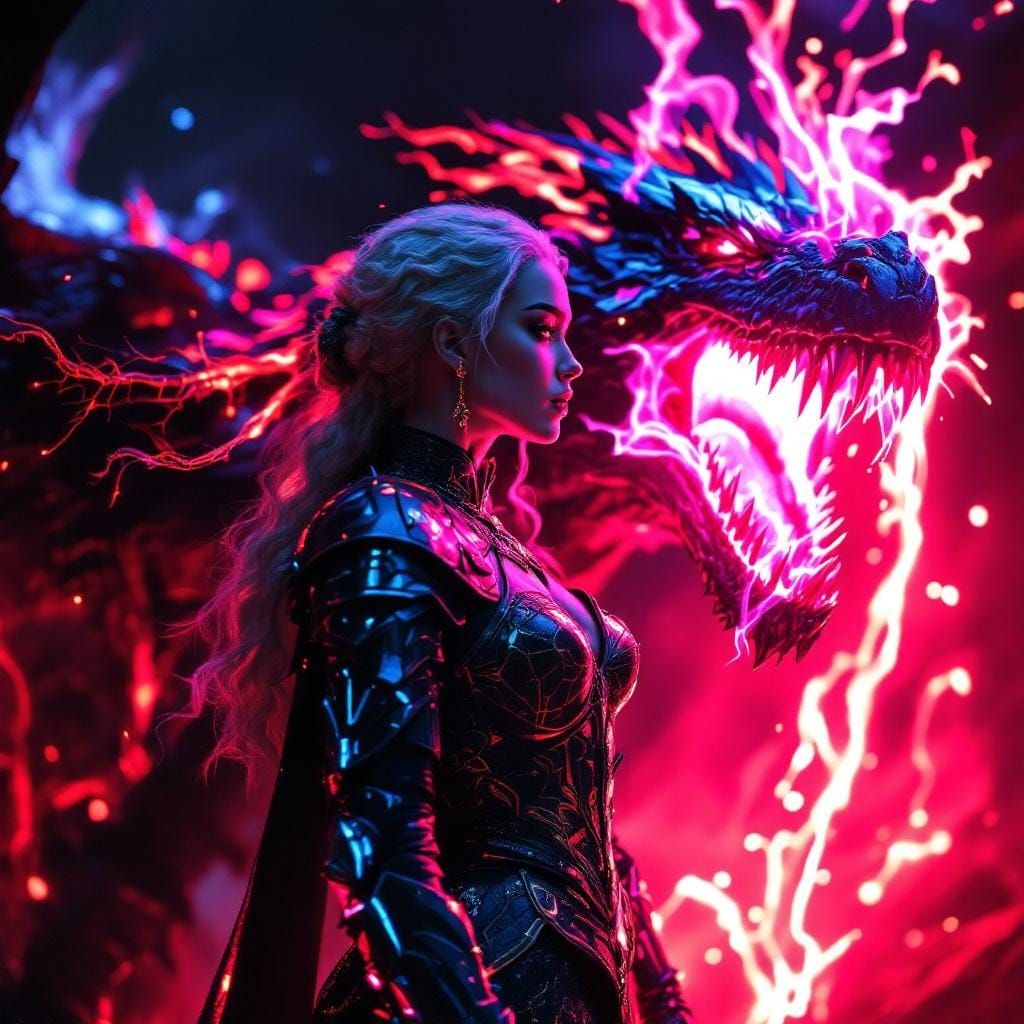 Daenerys and Dragon in Synthwave Retro-Futuristic Style