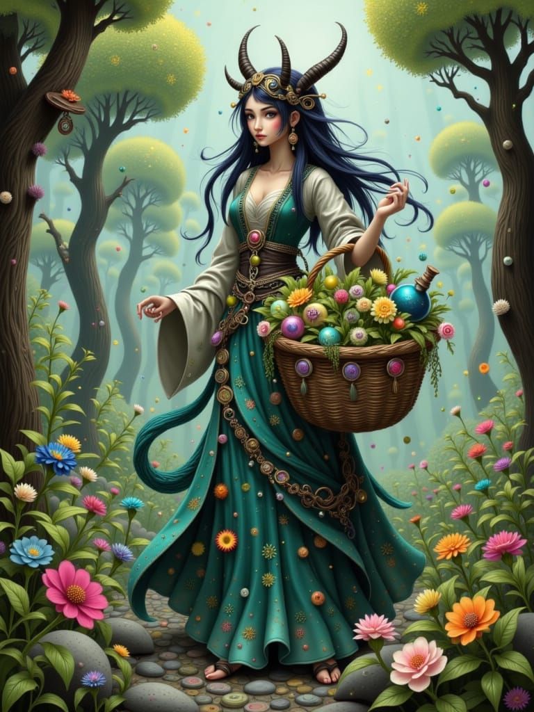 Centaur Herbalist Gathering Plants in Ancient Forest