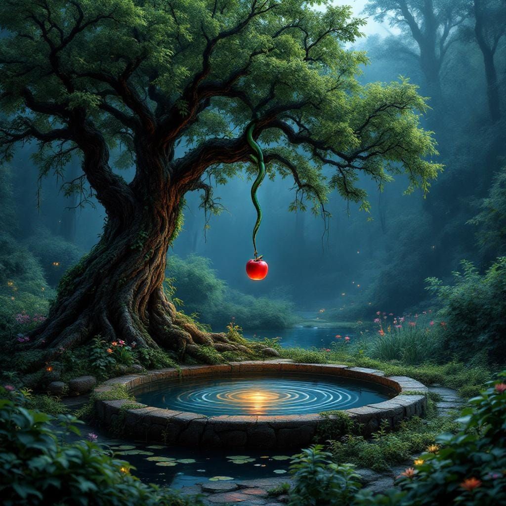 Mystical Oak Tree with Apple in Moonlight