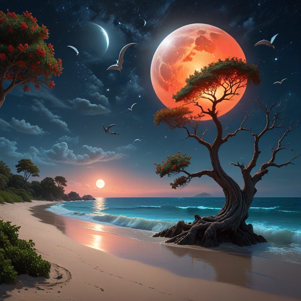 Fantasy Coast with Flying Whales and Coral Trees