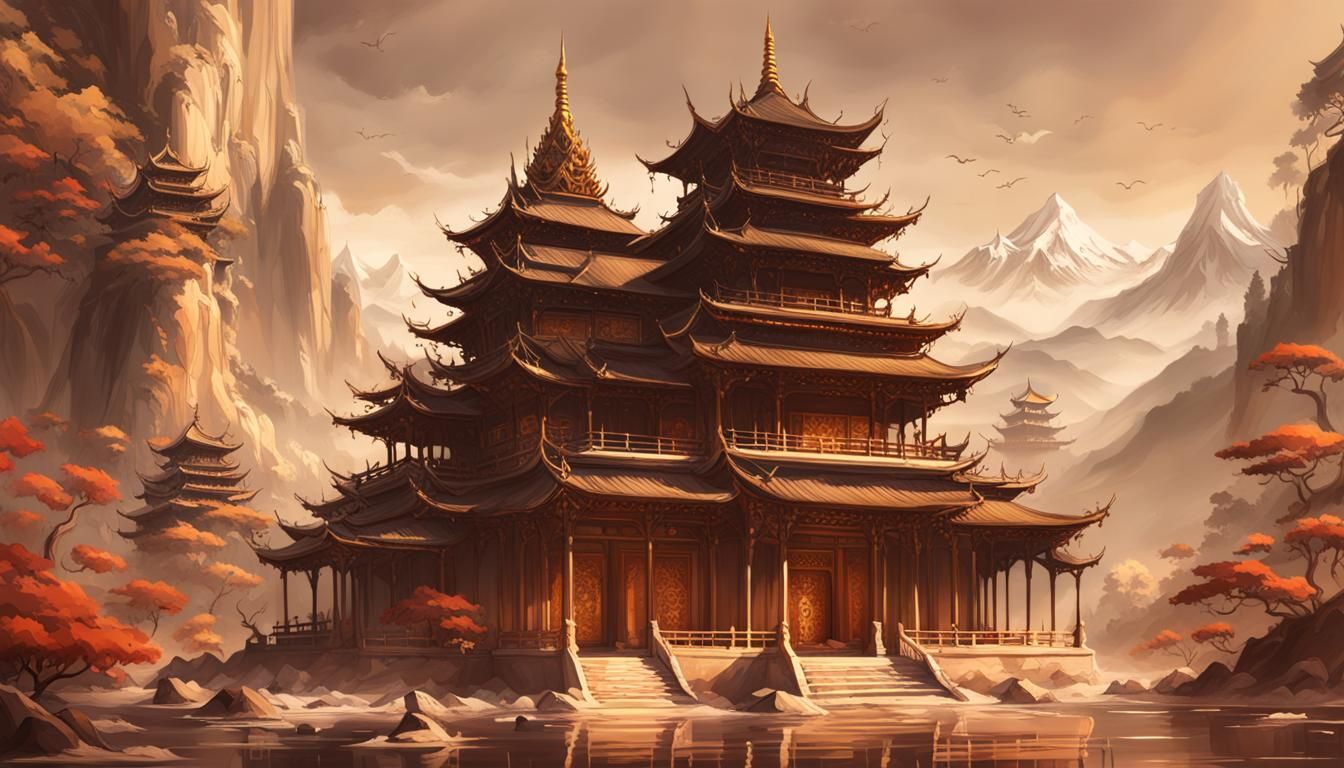 Buddhist Temple with Lotuses in Sepia Tones