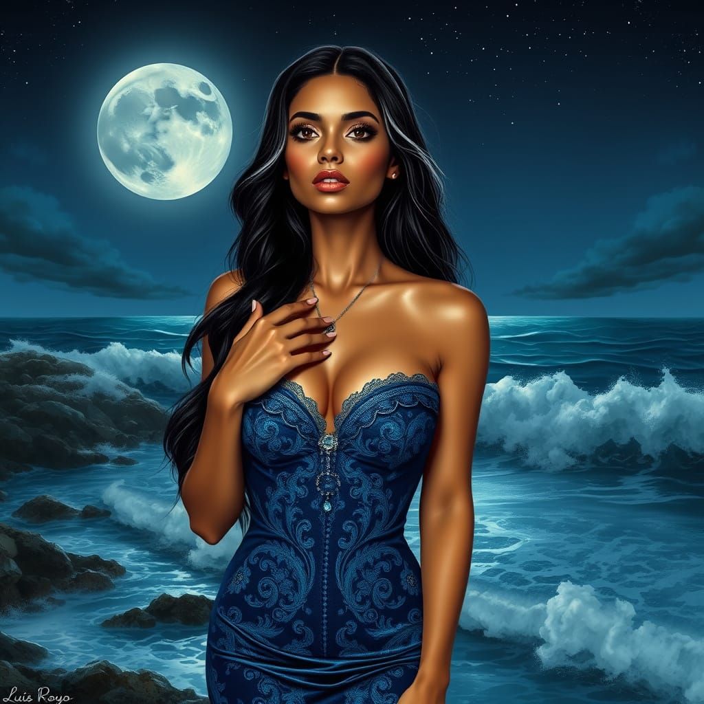 Venezuelan Woman in Blue Velvet Dress by the Ocean