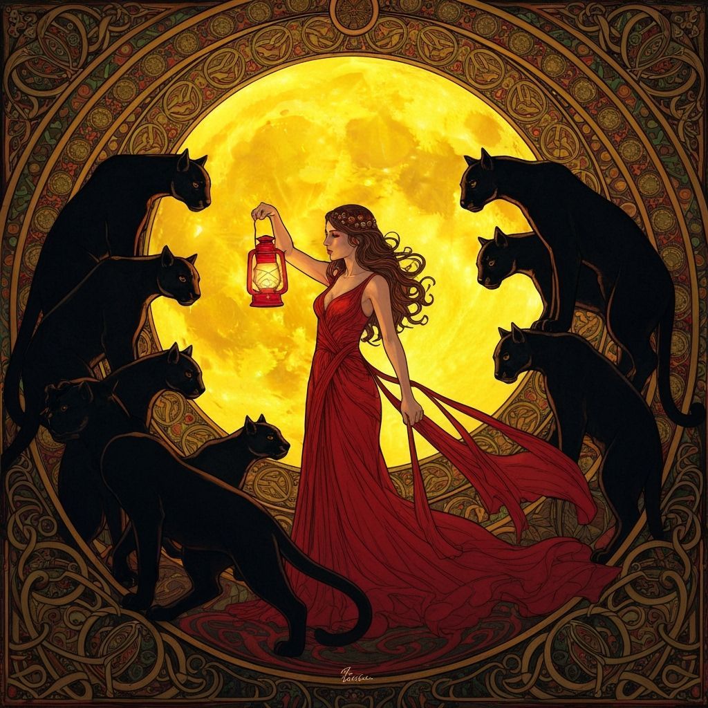 Lantern Goddess with Pumas in Art Nouveau Style