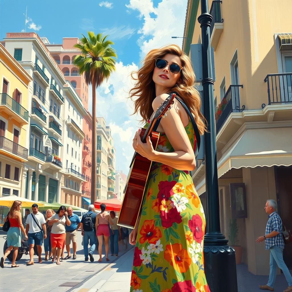 Woman Plays Guitar in Vibrant Urban Impression