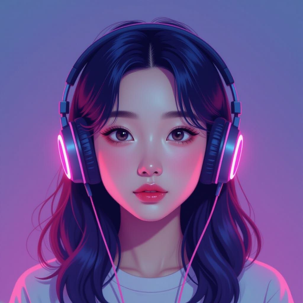 Lo-fi R&B Korean Girl Portrait with Neon Glow
