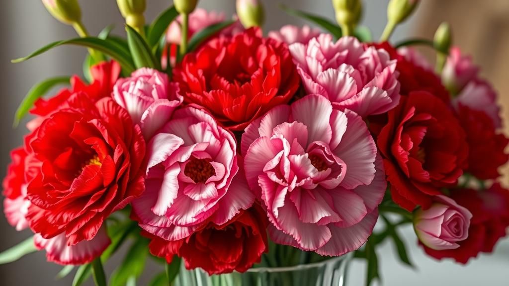 Vibrant Carnations in Crystal Vase, Photorealistic Style