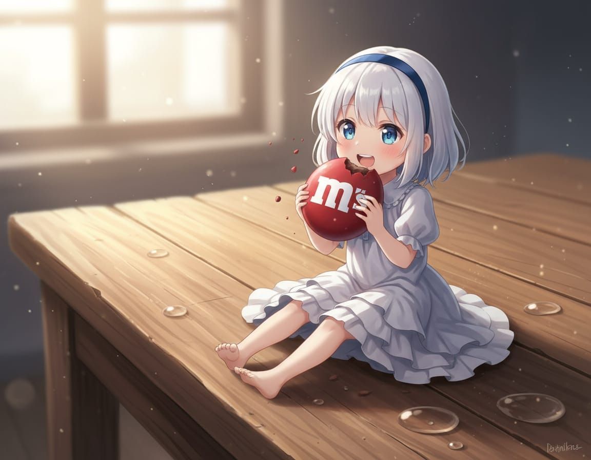 Tiny Girl Enjoys Giant M&M's in Anime Style