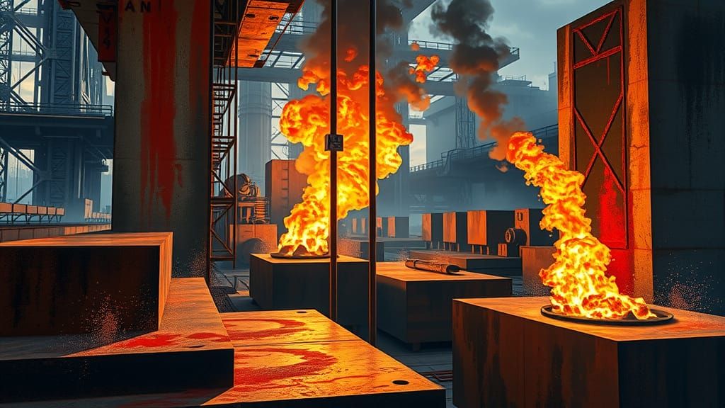 Vibrant Cubist Steelworks Scene with Geometric Shapes