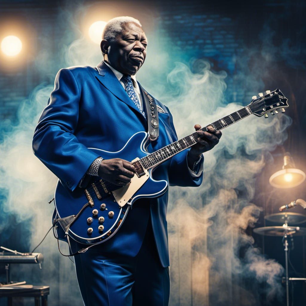 Blues Guitarist in Blue Jazz Club, Hyperrealistic