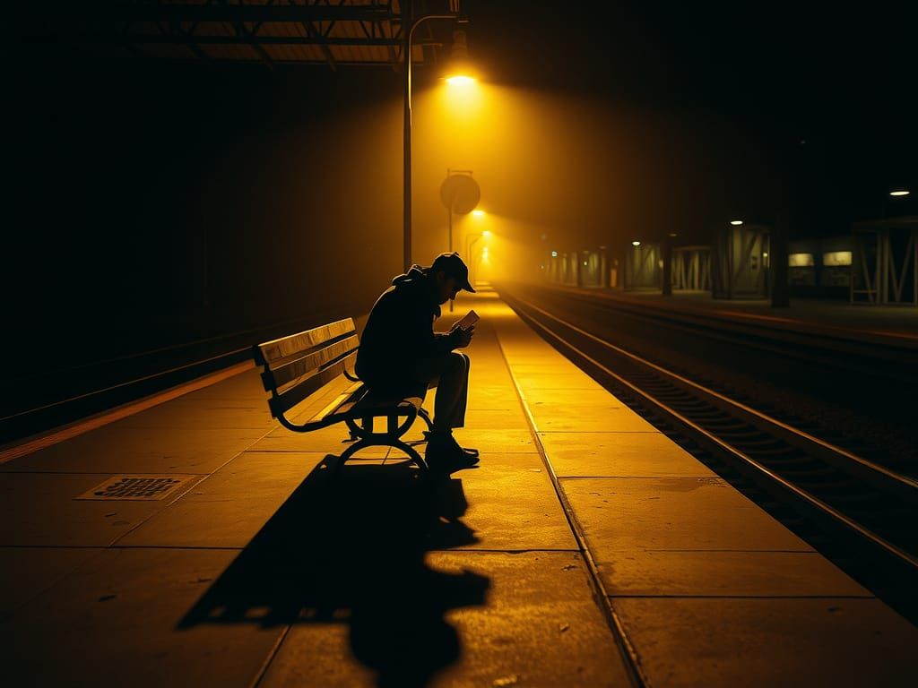 Figure Seated on Railway Station Bench, Clutching Train Tick...