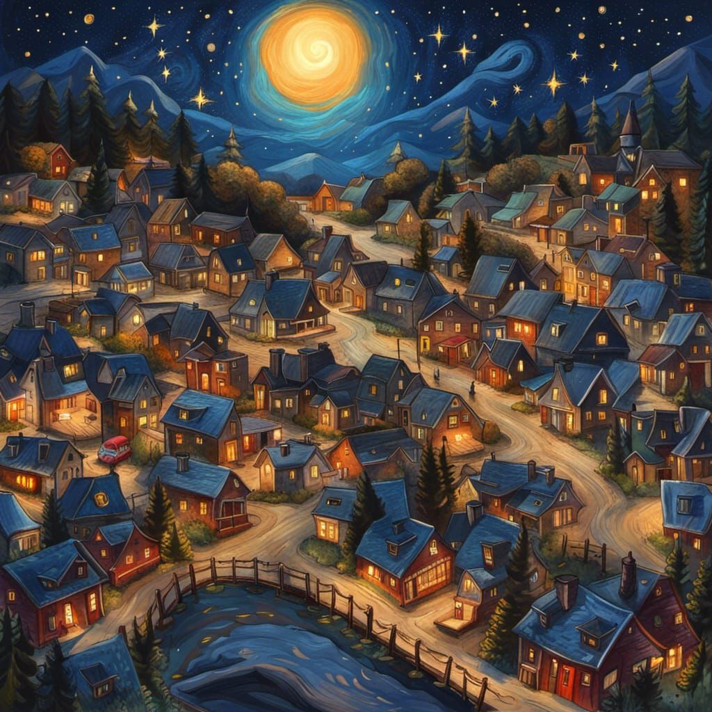 Picturesque Small Town Under Starry Night Sky