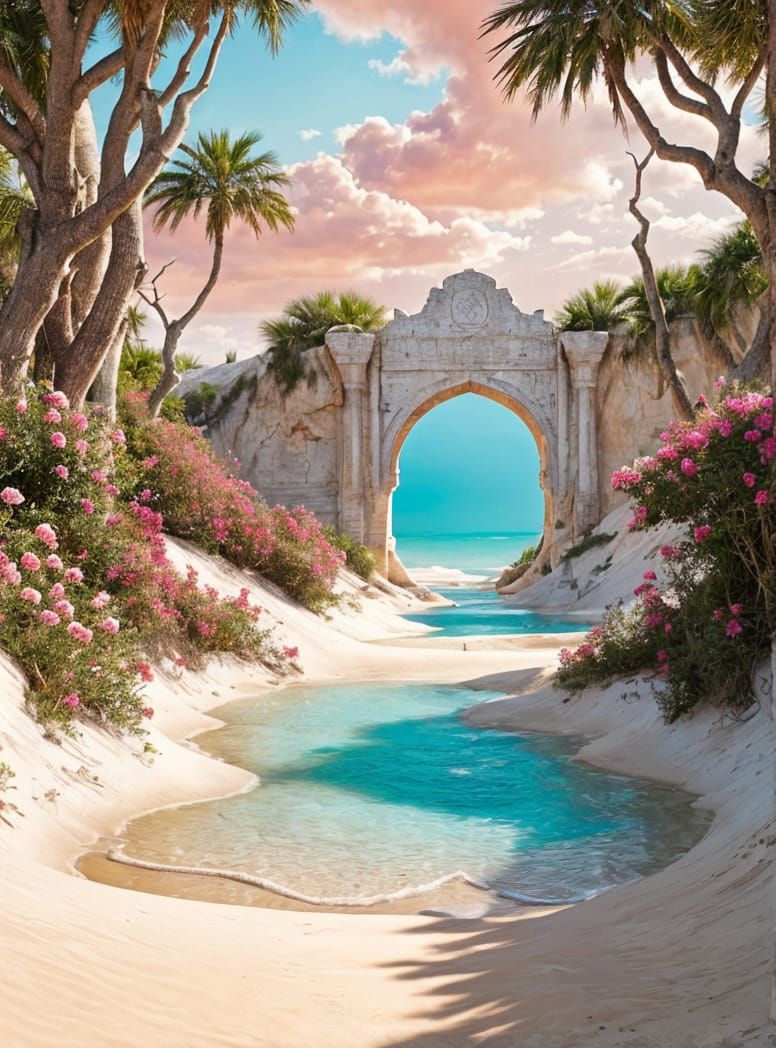 White Arch Over Turquoise Stream in Detailed Matte Painting