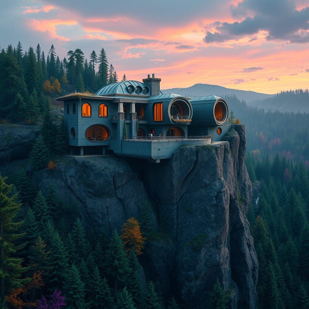 Fantasy Cliffside Mansion in Vibrant Pine Forest