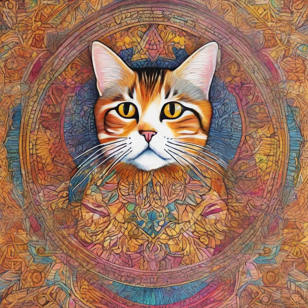 Colorful Mandala Art with Cat Centerpiece