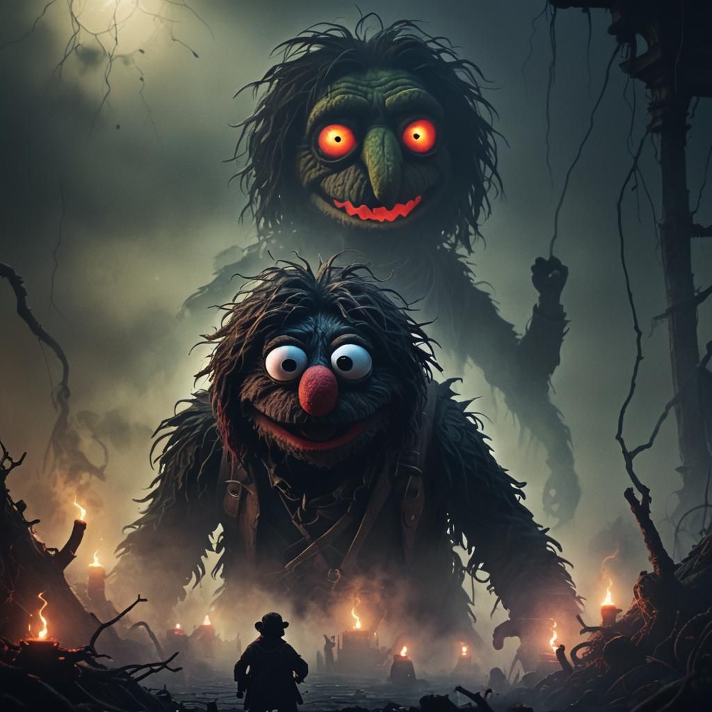 Eerie Muppet in Mist: A Dark Fantasy Illustration