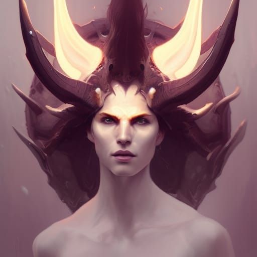 Horned White Demon Portrait in Hyperdetailed Style