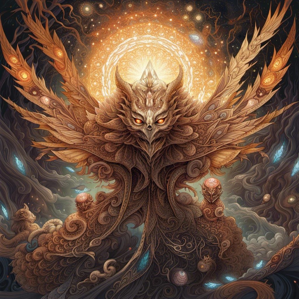 Fractal Owl God Radiance in Graffiti Art Style