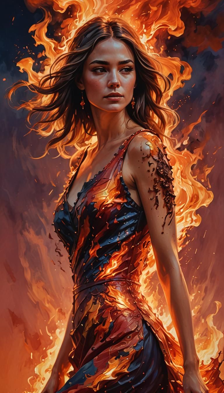 Woman in Dress Made of Fire: Alcohol Painting