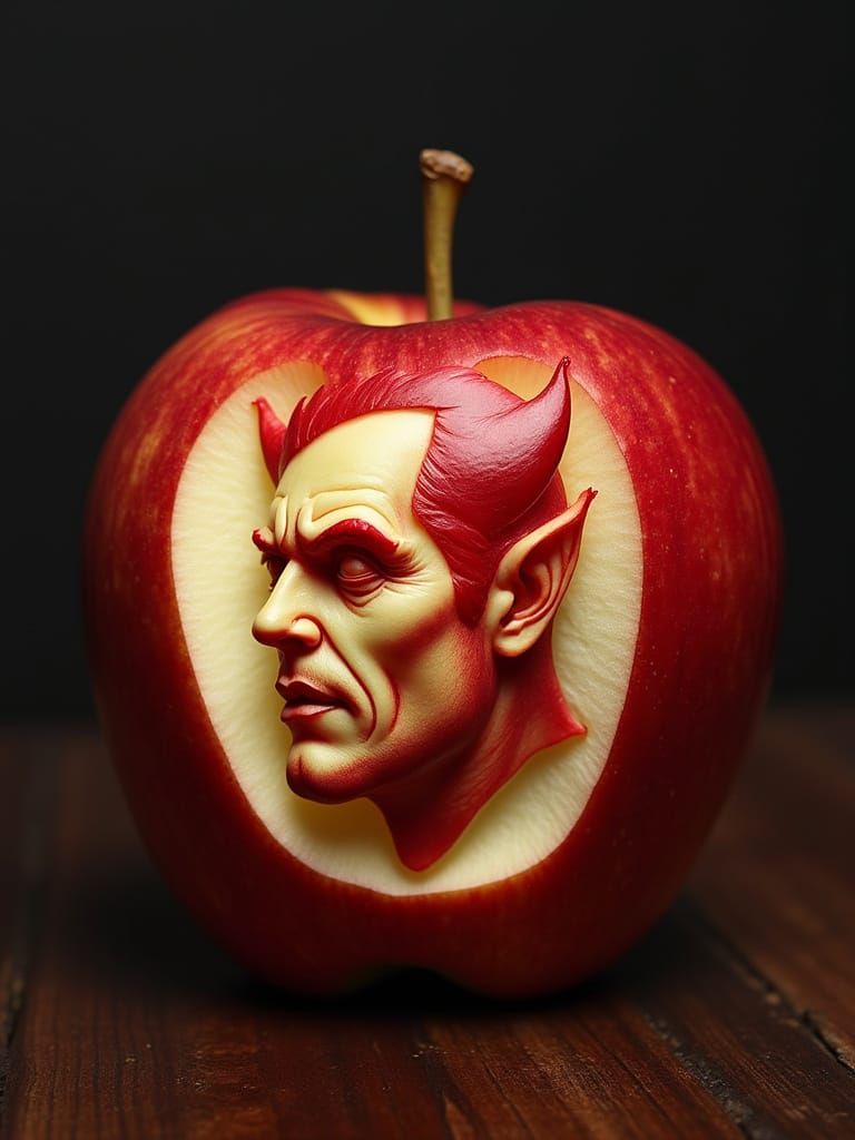 A Devil Carved from a Red Apple