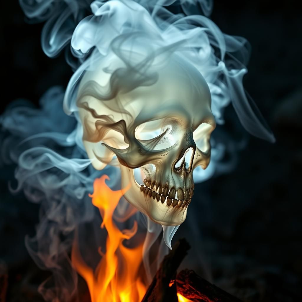 A detailed and intricate ghostly figure made from smoke rising from a campfire. It is a skull and there is a hint of neo...