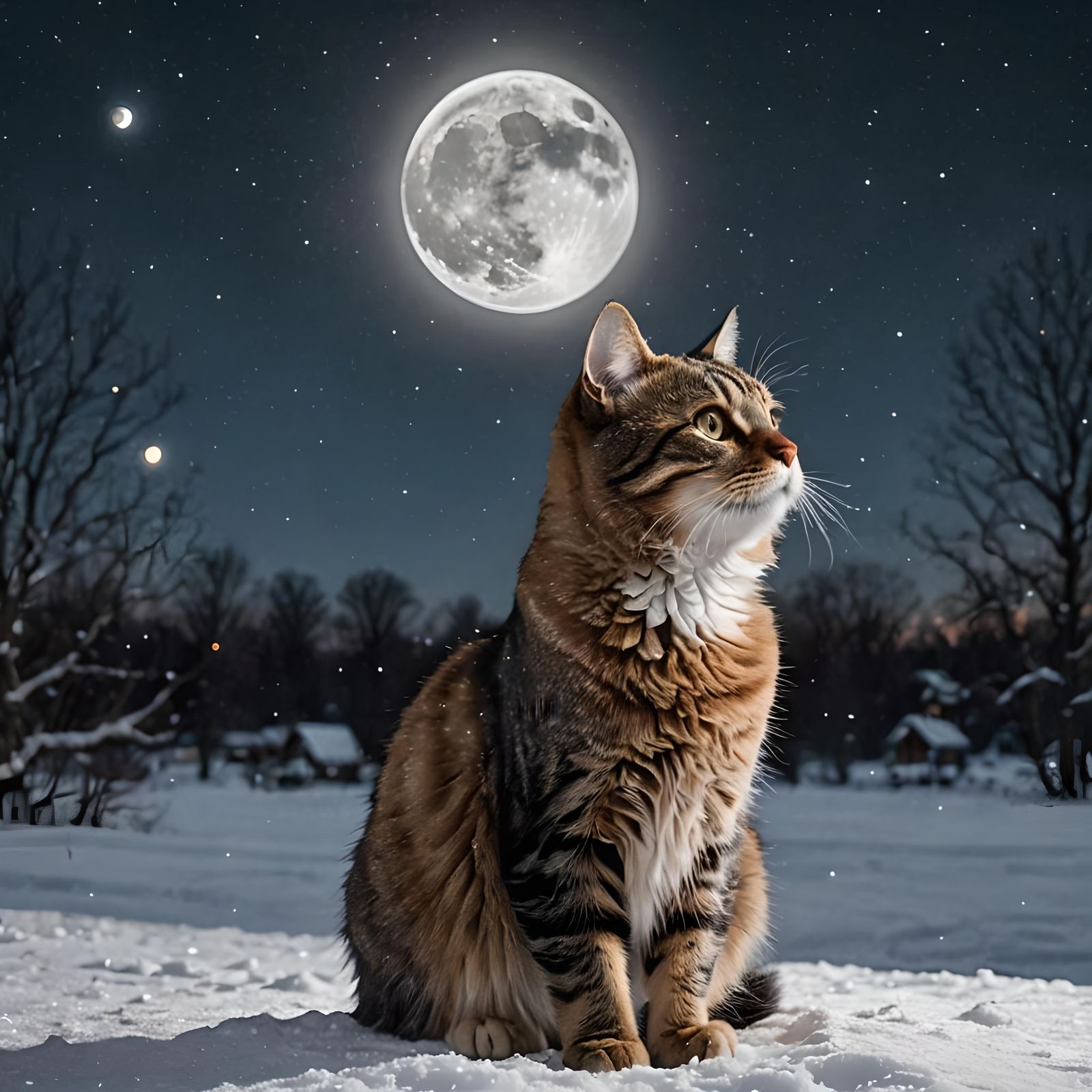 Cat Gazing at Moon in Snowy Landscape