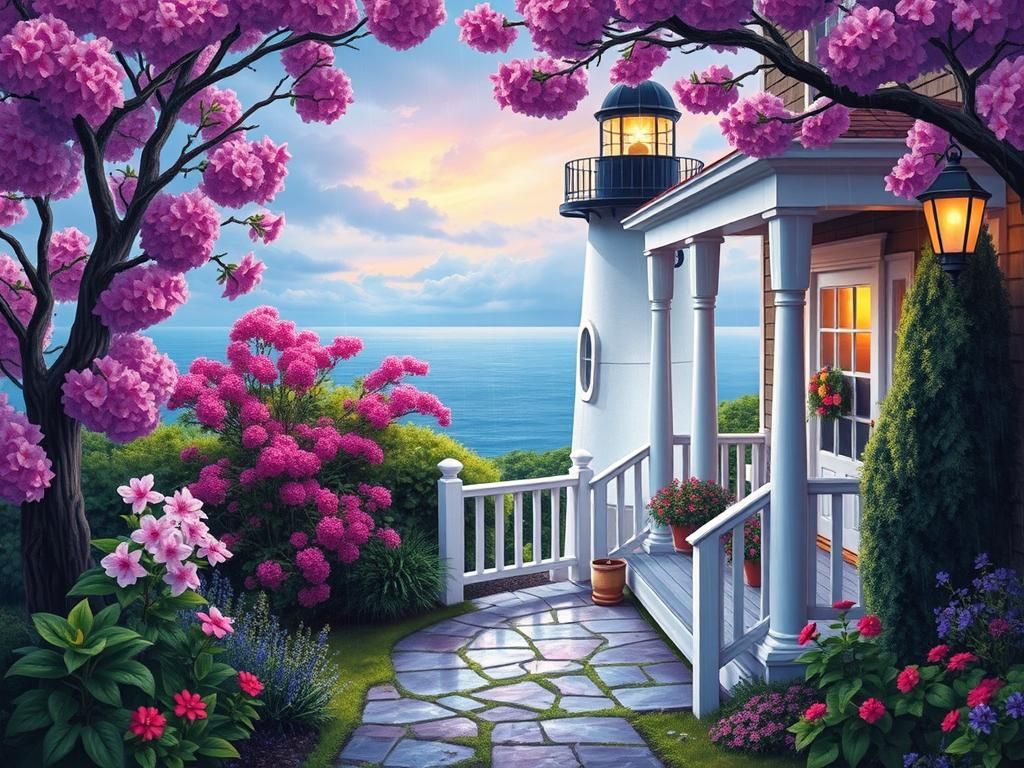 Dreamy Garden Scene with Lighthouse, Kinkade Style