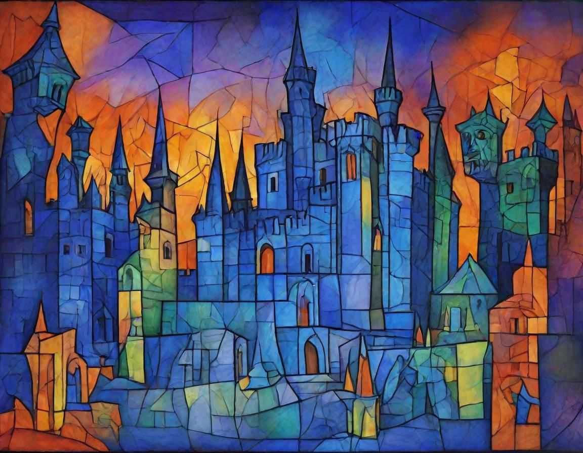 Medieval Castle in Cubist Style Charcoal Drawing